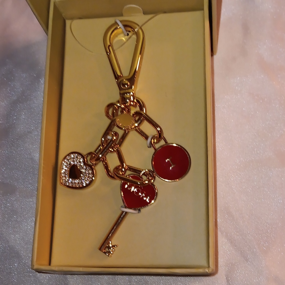 Gold and Red Heart Key Charm Keychain - Women's Bag Accessory